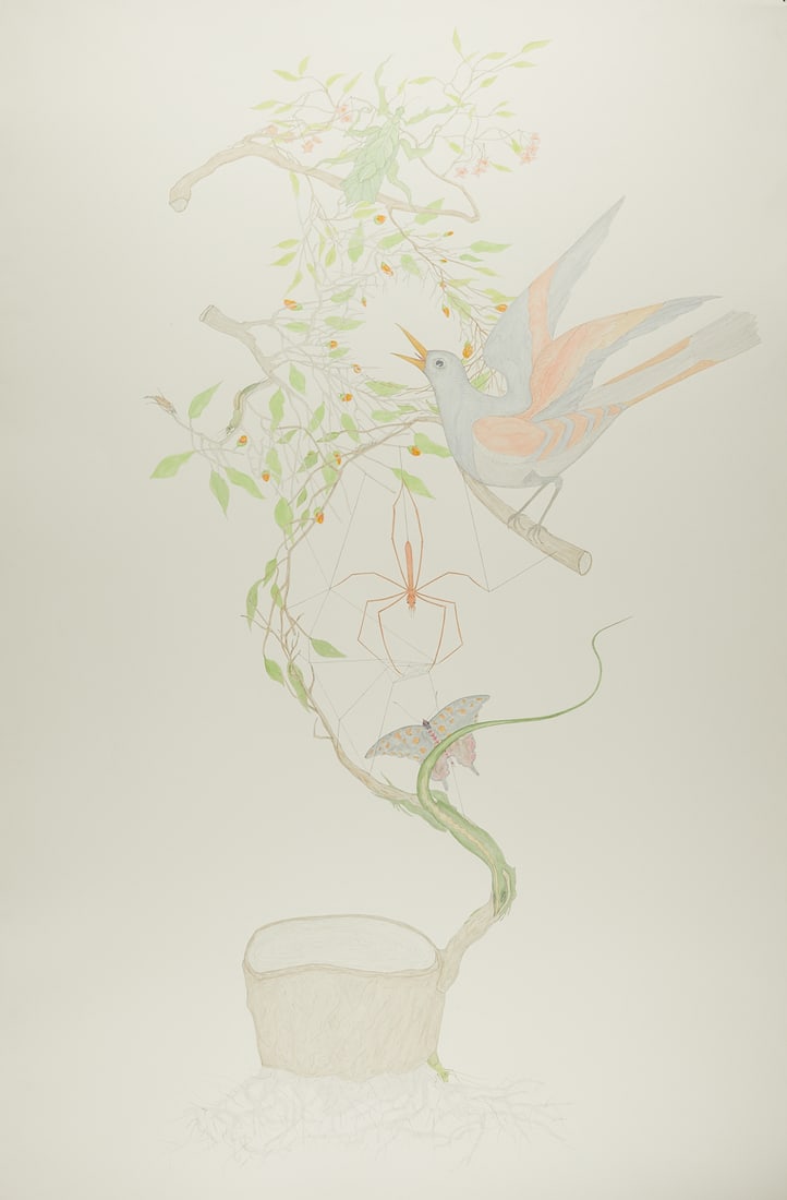 Ed Baynard "Spring Drawing w/ Creatures" Painting: Ed Baynard (American, 1940-2016). Watercolor on paper painting titled "Spring Drawing with Creatures" depicting birds and insects in a delicate tree, 2005. Signed, dated, and titled along th