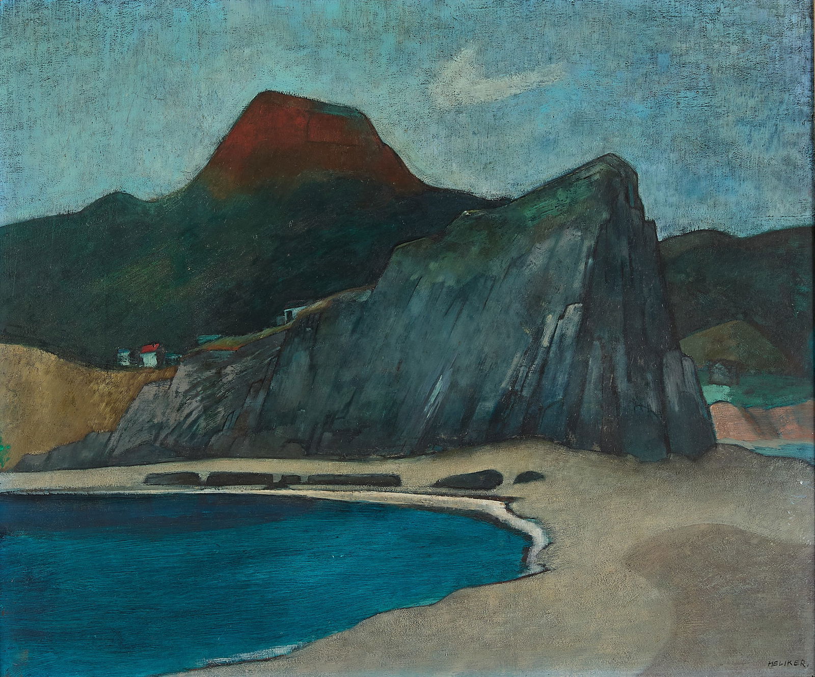 John Heliker Seaside Landscape Painting: John Heliker (American, 1909-2000). Oil on board painting depicting a mountainous seaside landscape. Signed along the lower right.Sight; height: 19 1/2 in x width: 23 1/2 in. Framed; height: 22 in x w