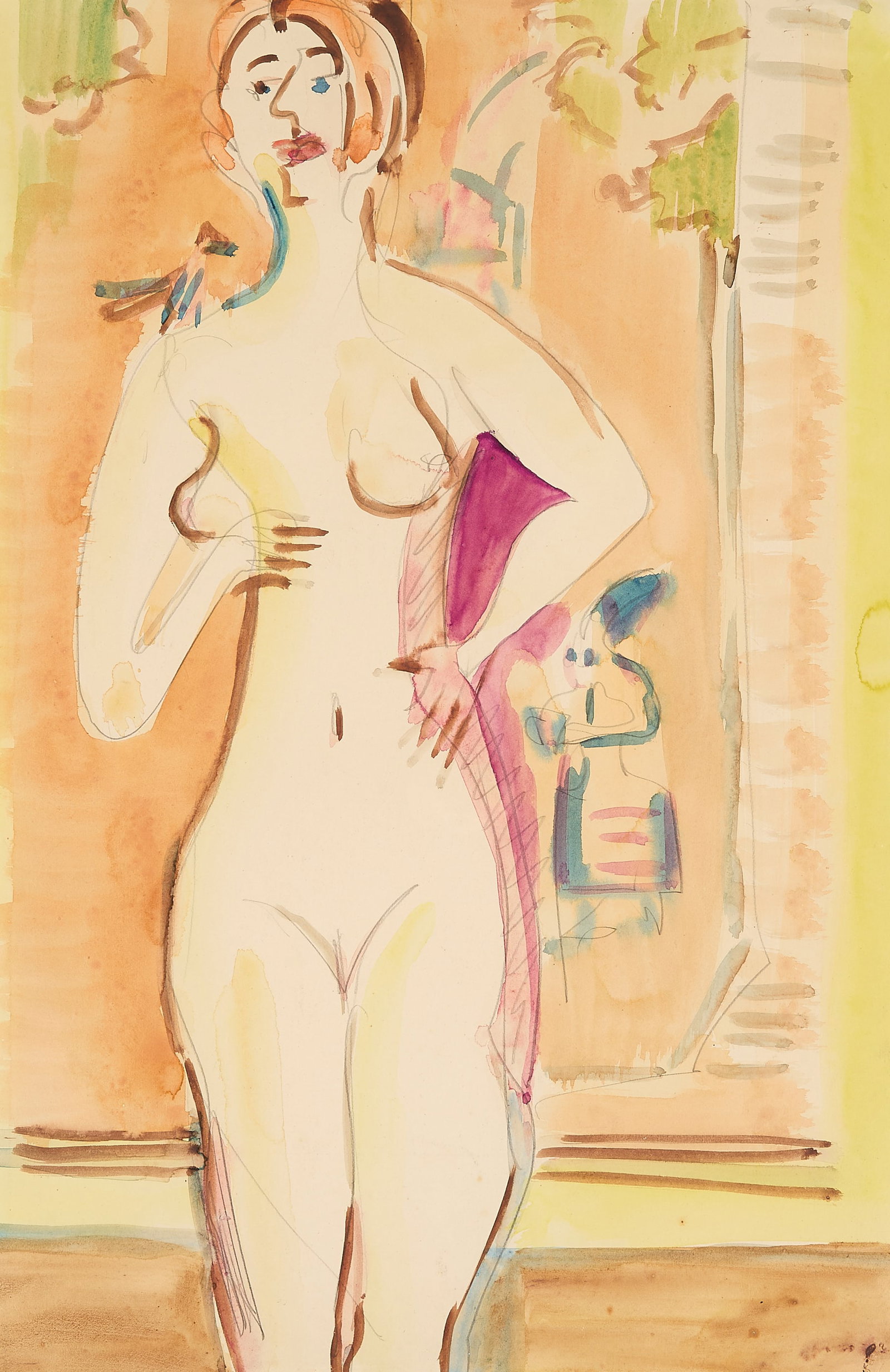 Ernst Kirchner "Stehender Weiblicher Akt" Painting: Ernst Ludwig Kirchner (German, 1880-1938). Watercolor on paper painting titled "Stehender Weiblicher Akt (Standing Female Nude)," ca. 1925-1930.Provenance: Grisebach GmbH auction, June 14, 2004; From