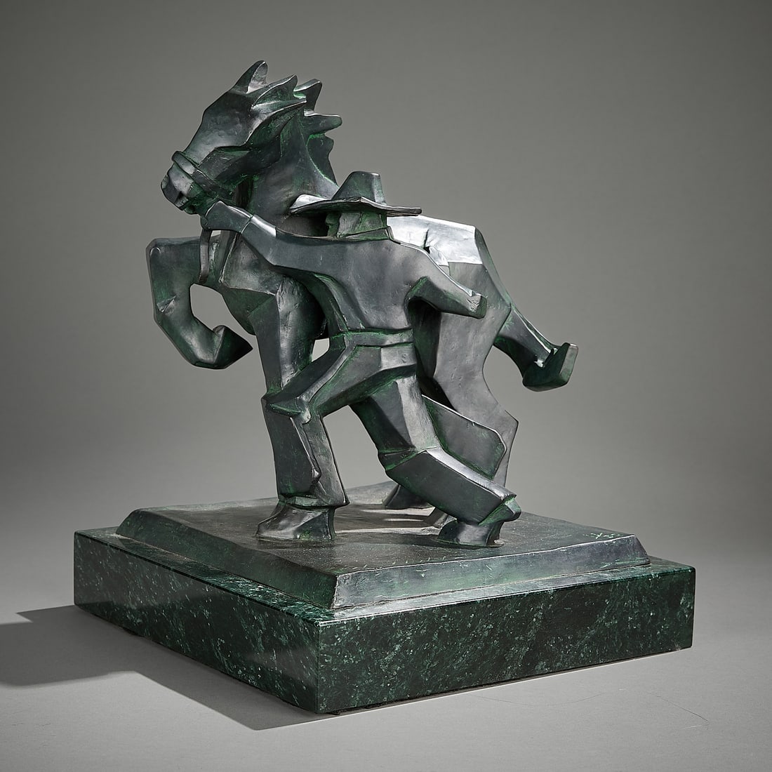 Ed Mell "Sidestepper" Bronze Sculpture: Ed Mell (American, 1942-2024). Bronze sculpture titled "Sidestepper" depicting a cowboy and horse. Incised signature and editioned 13/30 along the lower edge. With an appraisal from Owings Gallery.Pro
