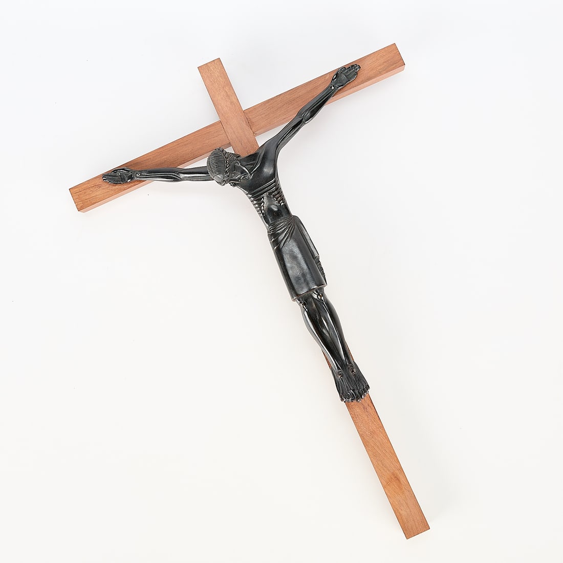 Large Jean Lambert-Rucki Bronze & Wood Crucifix: Jean Lambert-Rucki (Polish, 1888-1967). Large bronze and wood crucifix. The cross likely composed of rosewood or walnut. With incised signature along the right edge of the bronze.Height: 24 in x width