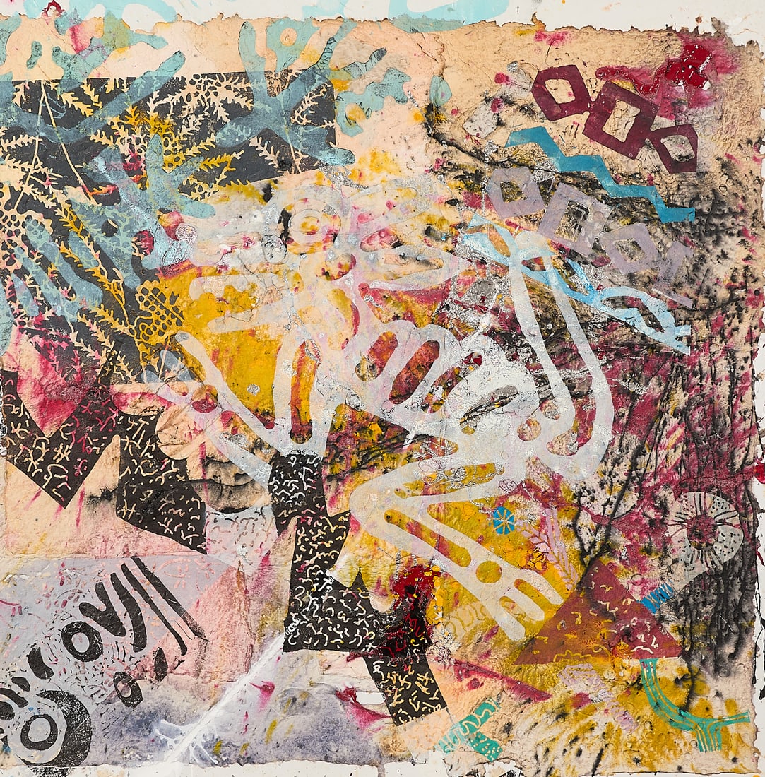 William Weegee "When I Stop Dreaming" Mixed Media: William Frederick Weege III (American, 1935-2020). Handmade paper pulp mounted to canvas and woodblock relief titled "When I Stop Dreaming," 1987. Signed and dated along the verso. Label from Alice Si