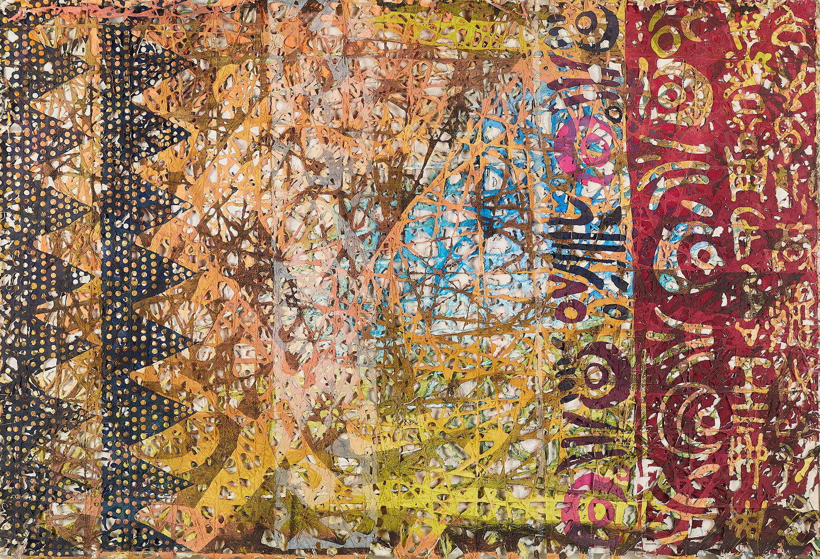 William Weegee "Song of Arena" Mixed Media: William Frederick Weege III (American, 1935-2020). Handmade paper and string on canvas abstract artwork titled "Song of Arena," 1986. Signed, titled, and dated along the verso. Gallery labels on the v