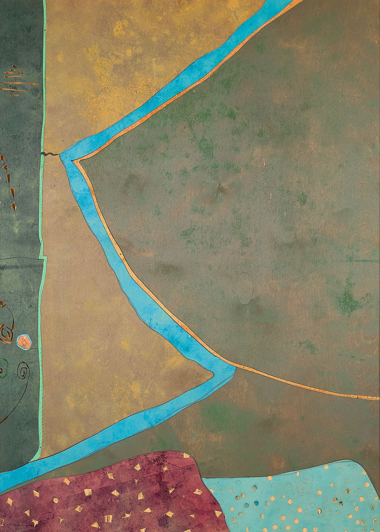 William Weegee "There's a Hole..." Mixed Media: William Frederick Weege III (American, 1935-2020). Mixed media on board painting titled "There's a Hole in the Bottom of the Sea," 1989. Signed, titled, and dated along the verso.Sight; height: 39 1/4