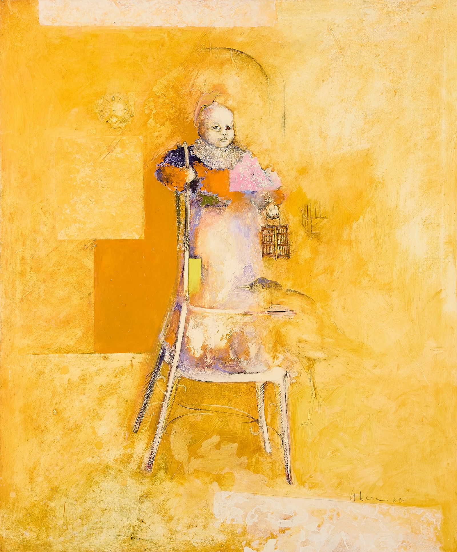 Armond Lara "The Poet" Painting 1988: Armond Lara (Navajo/Mexican, b. 1939). Large oil on canvas painting titled "The Poet," 1988. Signed and dated along the lower right. With a booklet from Morning Star Gallery.Sight; height: 58 in x wid