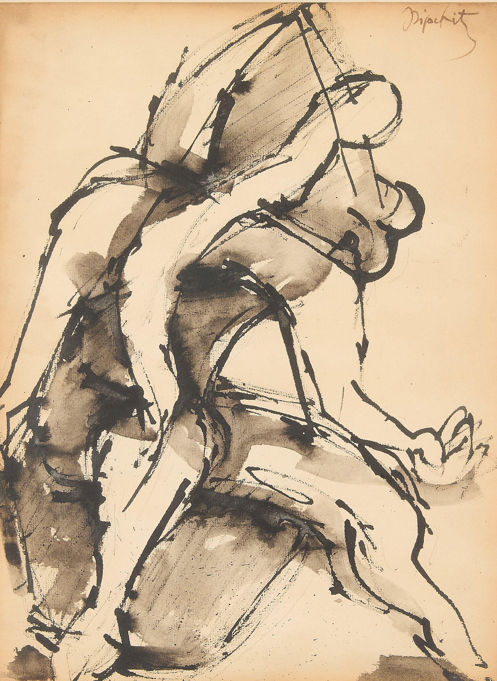 Jacques Lipchitz Ink & Wash Figural Painting: Jacques Lipchitz (Lithuanian/French/American, 1891-1973). Ink and wash on paper depicting figures. Pencil signed along the upper right.Provenance: The Distinguished Collection of H. Harvard Arnason; t