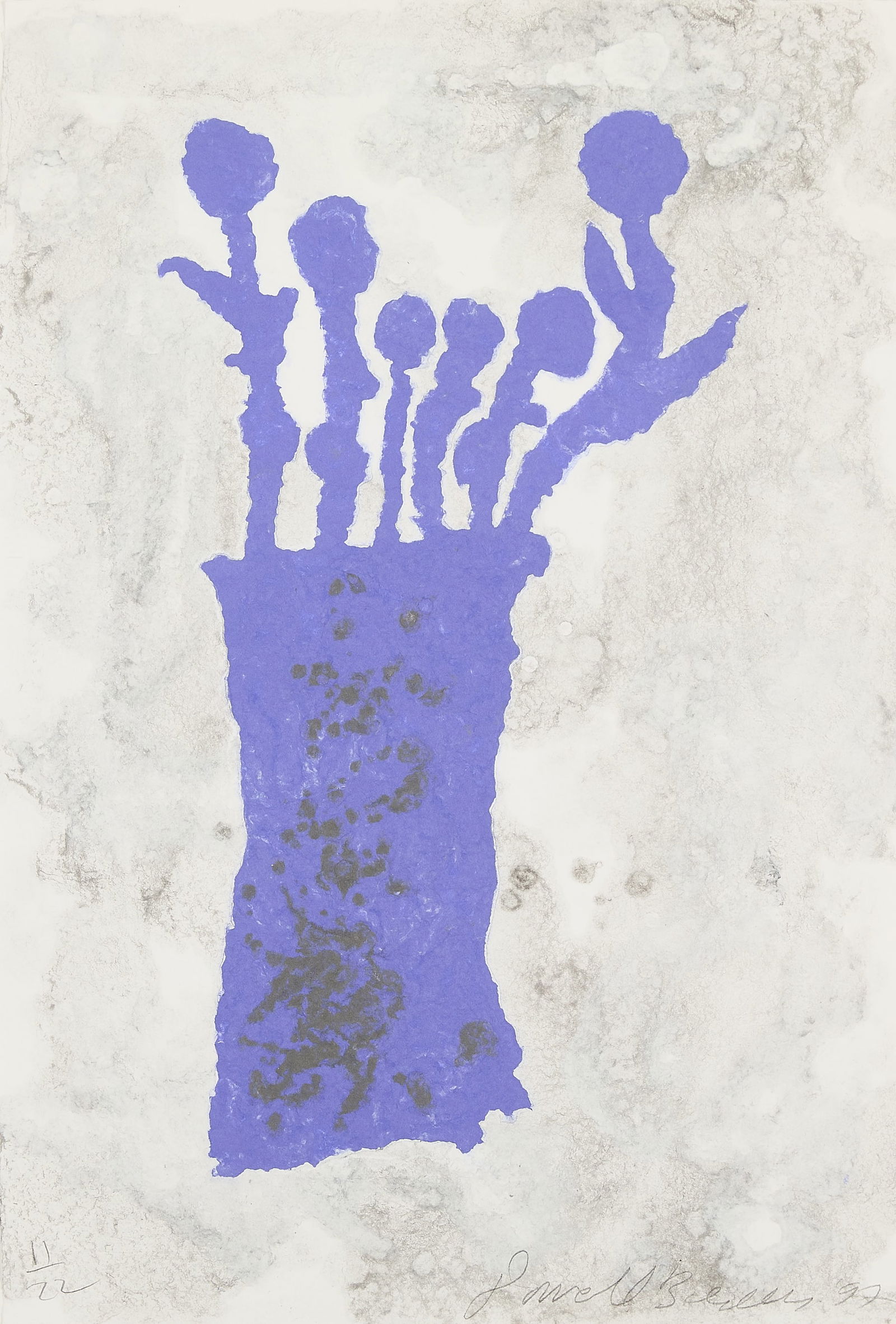 Donald Baechler "Blue Flowers" Stencil 1997: Donald Baechler (American, 1956-2022). Stencil on handmade paper titled "Blue Flowers," 1997. Pencil signed and dated along the lower right; numbered 11/22 along the lower left.Editioned 11/22 along t