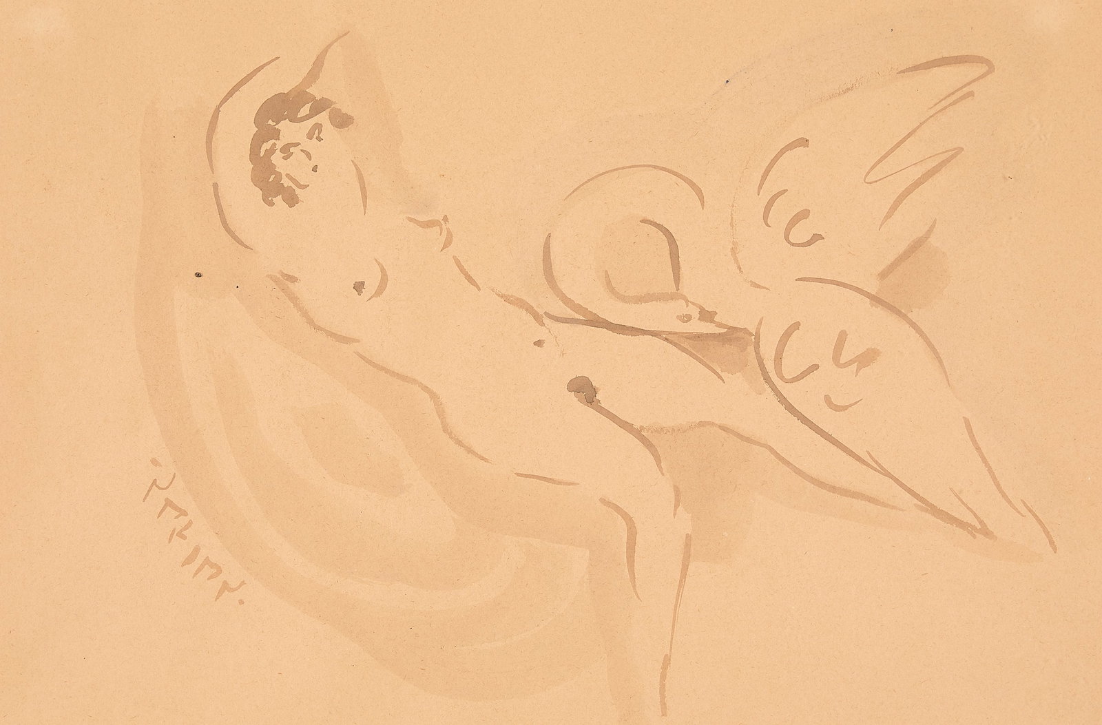 Reuben Nakian Nude & Swan Ink Drawing: Reuben Nakian (American, 1897-1986). Ink on paper drawing depicting a nude woman and a swan, possibly referencing the Greek myth "Leda and the Swan." Signed along the lower left.Provenance: The Distin