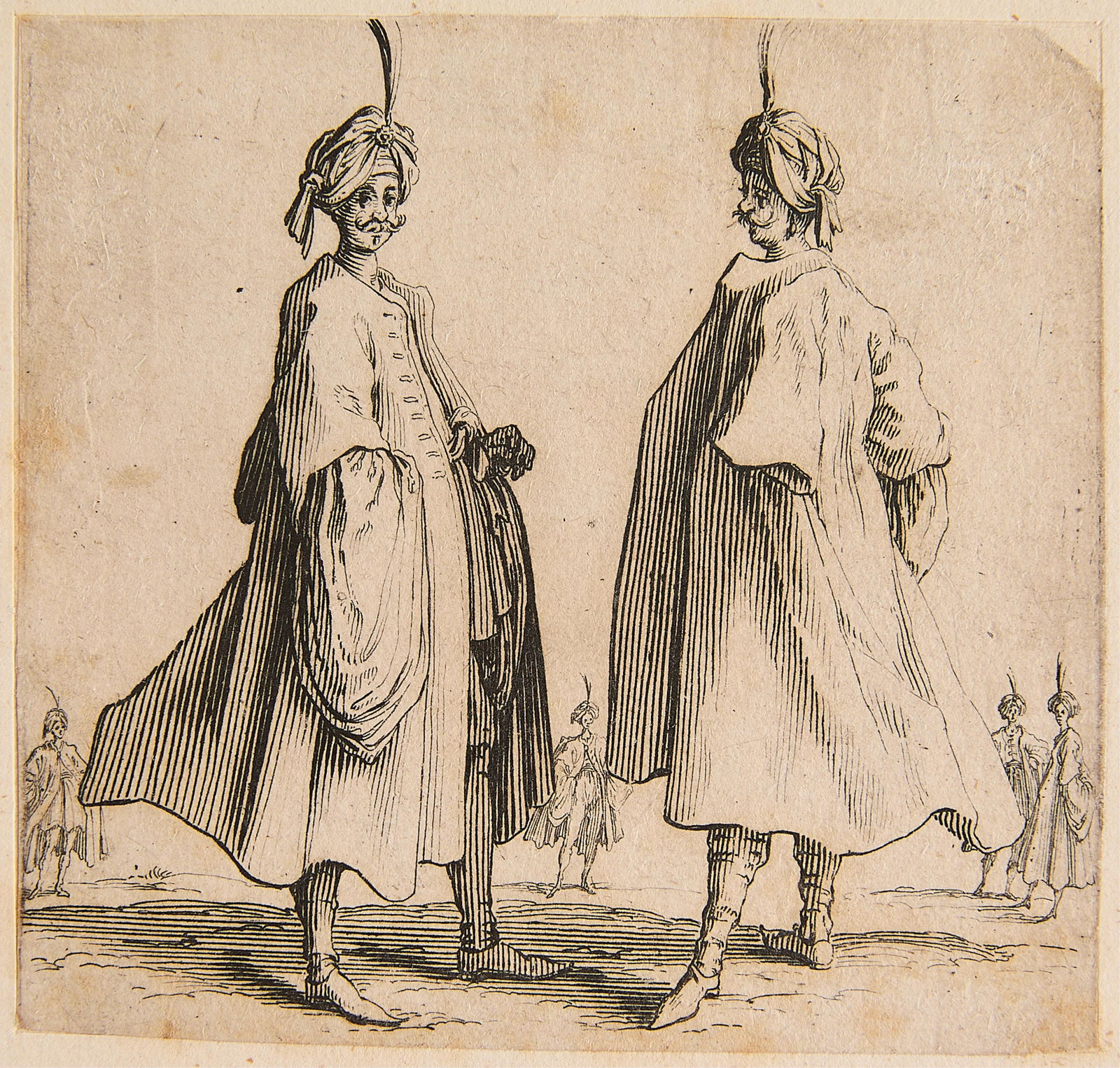 Attr. Jacques Callot "Two Turks" Etching: Attributed to Jacques Callot (French, 1592-1635). Etching titled "Two Turks," ca. 1621-24. First state of three. Label from Lakeside Studio, Michigan affixed to the mat.Reference: Lieure, no. 213.Imag