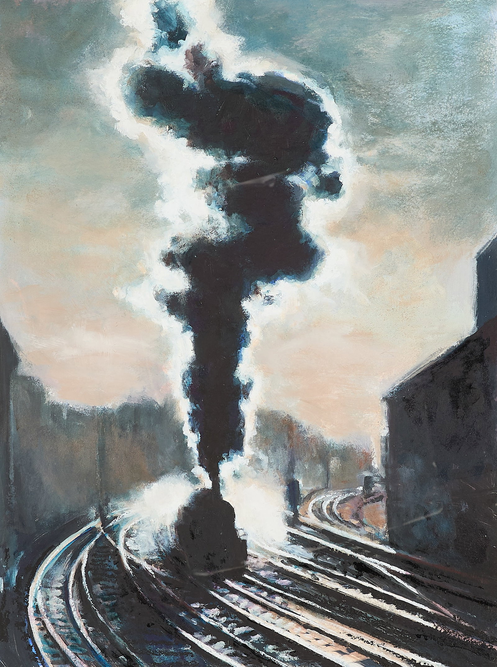 Lawrence Gipe Oil on Paper Train Painting: Lawrence Gipe (American, b. 1962). Oil on paper painting depicting a train with billowing smoke that rises to obscure the moon.Sight; height: 32 in x width: 24 in. Framed; height: 47 in x width: 39 in