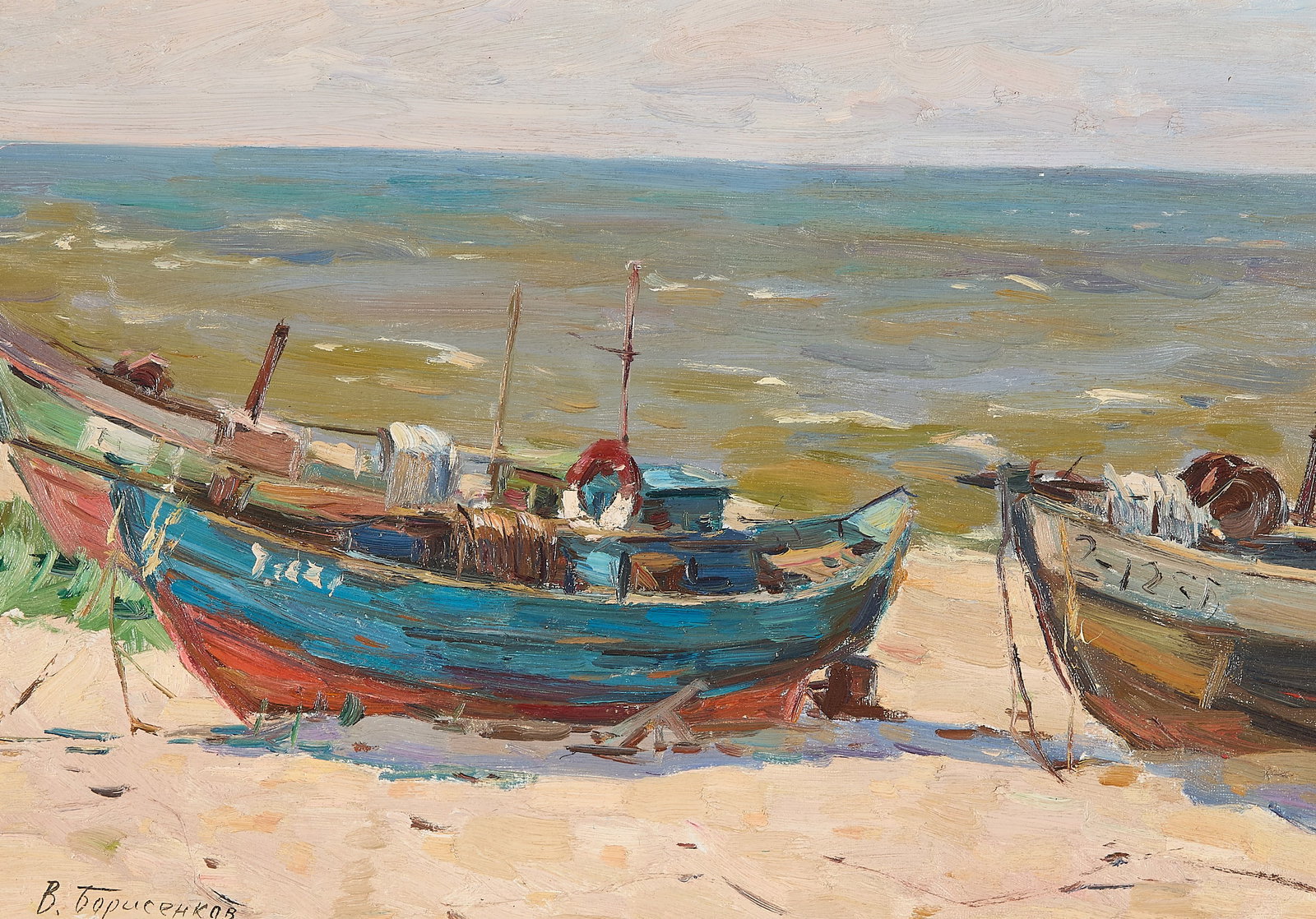 Vasily P. Borisenkov "Study w/ Boats" Painting: Vasily Pavlovich Borisenkov (Russian, 1924-2020). Oil on board landscape painting titled "Study with Boats," 1958. Signed along the lower left. Sight; height: 13 in x width: 19 in. Framed; height: 21 