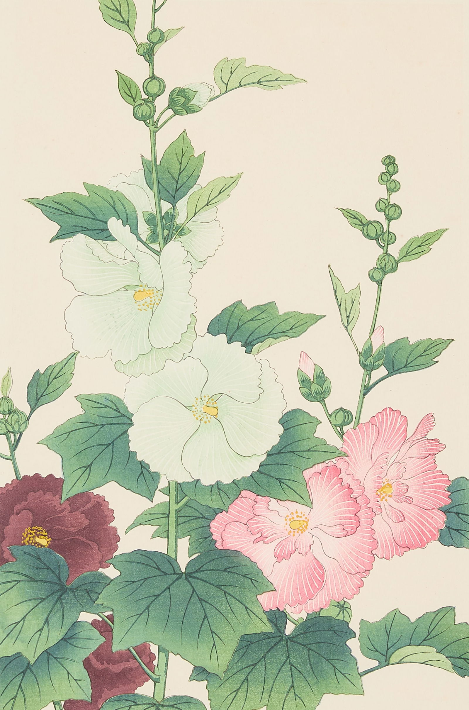 Hodo Nishimura "Hollyhocks" Kacho-e Woodblock (1 of 5)