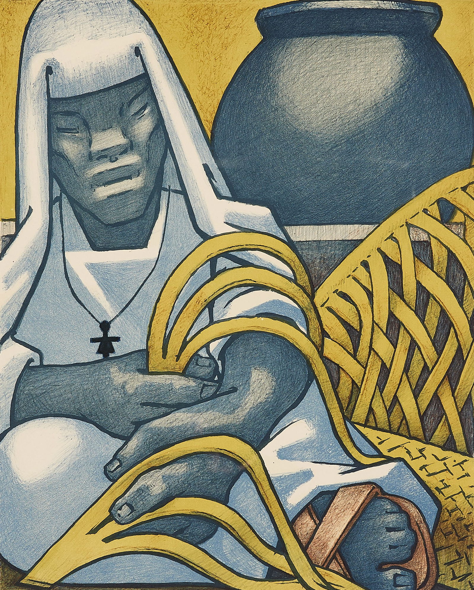 Jean Charlot "Weaving Mats (Tali Ibe)" Print 1978: Jean Charlot (French/American, 1898-1979). Lithograph on paper titled "Weaving Mats (Tali Ibe)," from the portfolio "Kei Viti," 1978. Pencil signed along the lower right; numbered 26/150 along the low