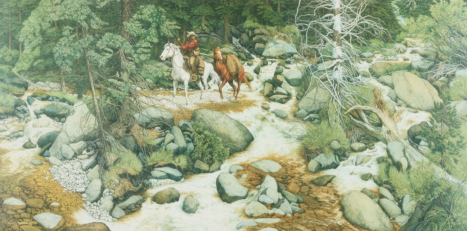 Bev Doolittle "The Forest Has Eyes" Print S/N: Bev Doolittle (American, b. 1947). Color offset lithograph on paper titled "The Forest Has Eyes," 1994. Depicting a cowboy and his horses picking their way through a forest with numerous faces hidden