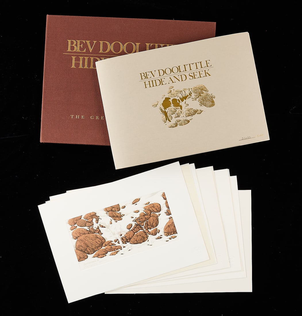 Bev Doolittle "Hide & Seek" Suite S/N: Bev Doolittle (American, b. 1947). Portfolio suite of six offset color lithographs titled "Hide and Seek Suite," 1990. With the original case and certificate of authenticity. One print pencil signed a