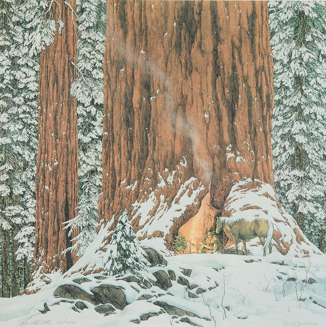 Bev Doolittle "Christmas Day..." Print S/N: Bev Doolittle (American, b. 1947). Color offset lithograph on paper titled "Christmas Day, Give or Take a Week," 1983. Pencil signed and numbered 45/4581 along the lower left.Sight; height: 16 1/4 in
