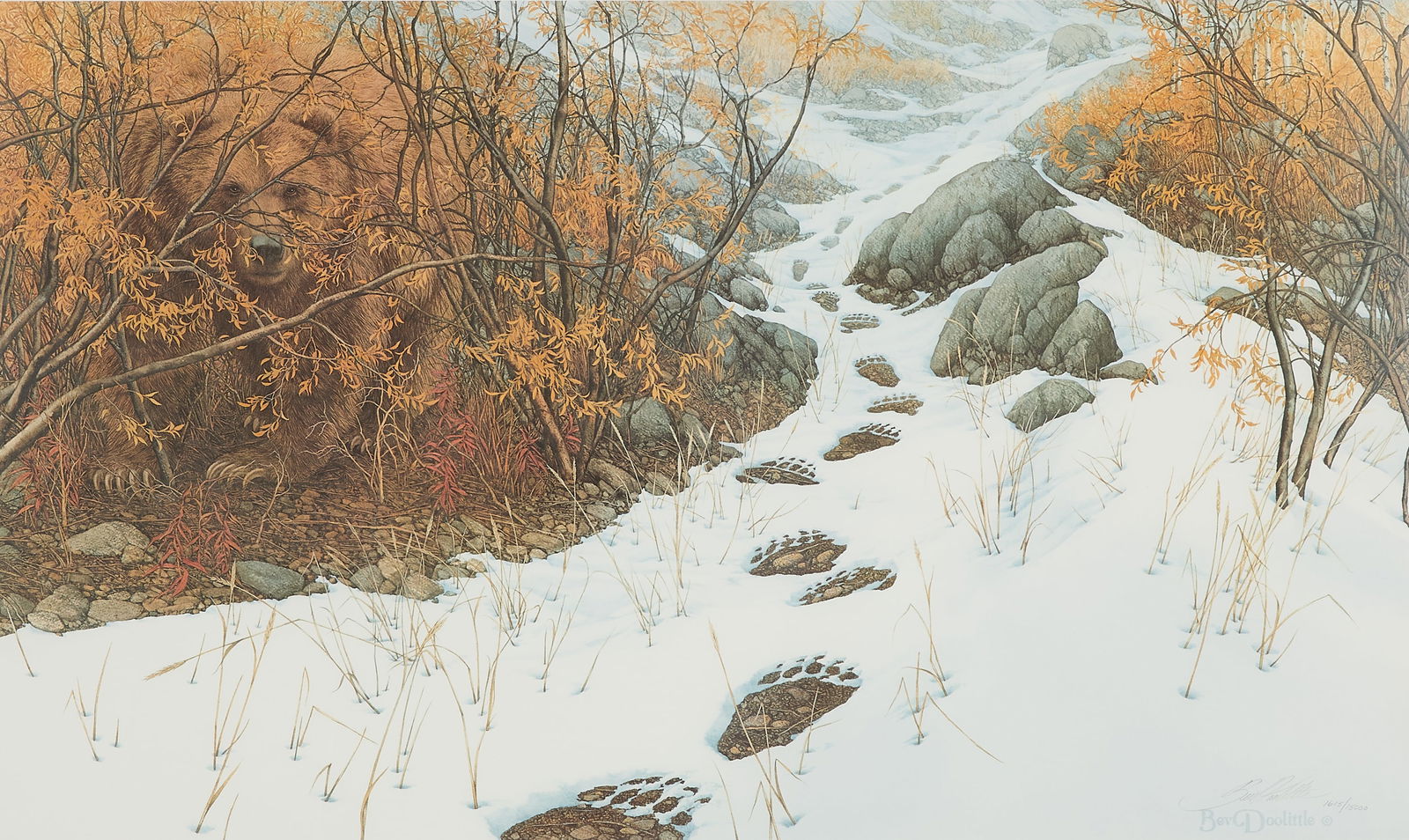 Bev Doolittle "Double Back" Print S/N: Bev Doolittle (American, b. 1947). Color offset lithograph on paper titled "Double Back," 1988. Pencil signed and numbered 1615/15000 along the lower right.Sight; height: 19 1/2 in x width: 32 in. Fra