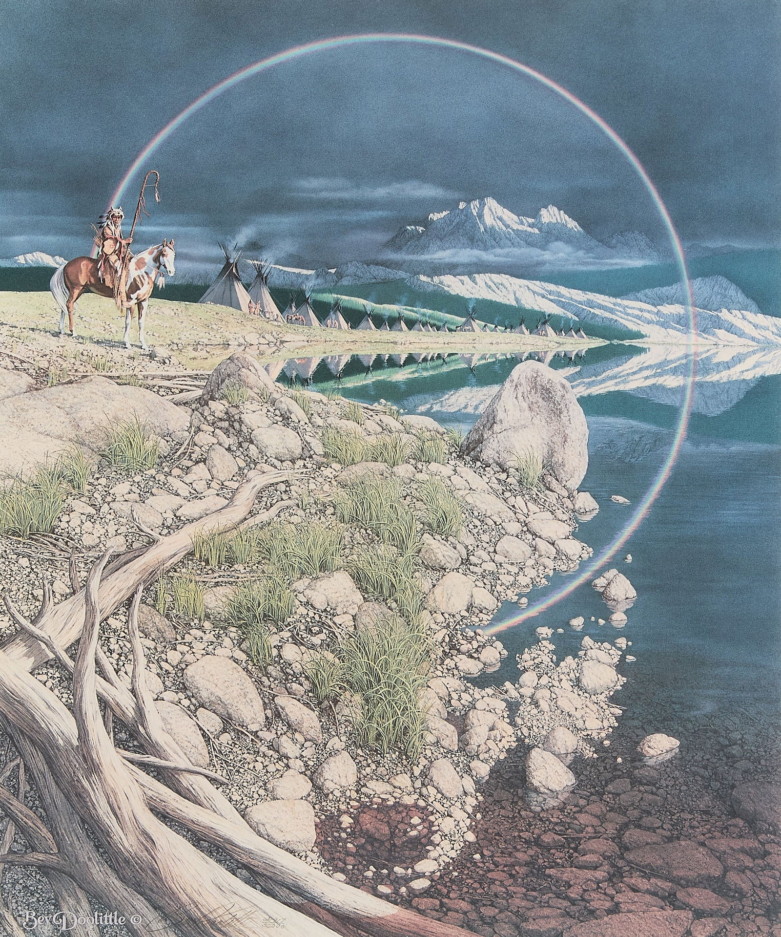 Bev Doolittle "The Sentinel" Print S/N: Bev Doolittle (American, b. 1947). Color offset lithograph on paper titled "The Sentinel," 1991. Pencil signed and numbered 21917/35000 along the lower left.Sight; height: 18 3/4 in x width: 15 3/4 in