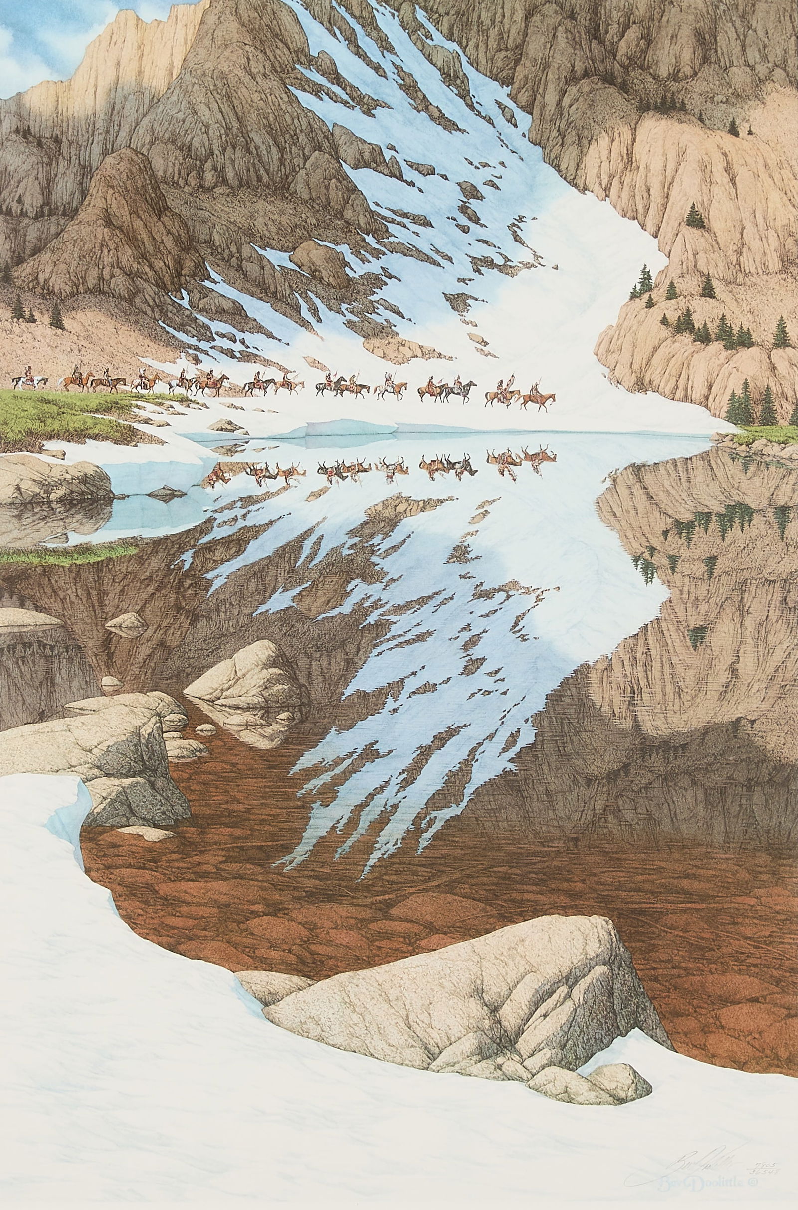 Bev Doolittle "Season of the Eagle" Print S/N: Bev Doolittle (American, b. 1947). Color offset lithograph on paper titled "Season of the Eagle," 1987. Pencil signed and numbered 7805/36548 along the lower right. With the certificate of authenticit