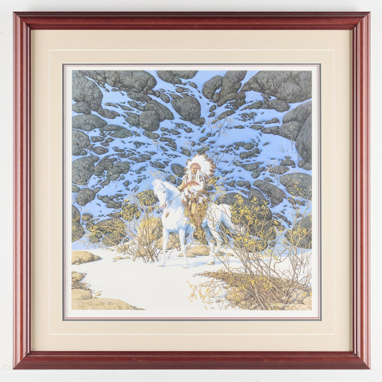Bev Doolittle "Eagle Heart" Print S/N: Bev Doolittle (American, b. 1947). Color offset lithograph on paper titled "Eagle Heart," 1992. Pencil signed and numbered 10552/48000 along the lower left.Sight; height: 16 3/4 in x width: 17 in. Fra