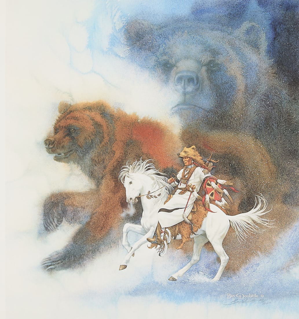 Bev Doolittle "Two Bears of the Blackfeet" Print: Bev Doolittle (American, b. 1947). Color offset lithograph on paper titled "Two Bears of the Blackfeet," 1986. Pencil signed and numbered 1521/2650 along the lower right.Sight; height: 21 in x width: