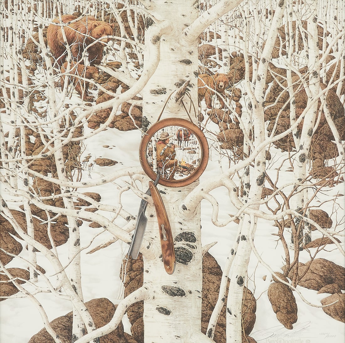 Bev Doolittle "Three More for Breakfast" S/N Print: Bev Doolittle (American, b. 1947). Color offset lithograph on paper titled "Three More for Breakfast," 1996. Pencil signed and numbered 12684/20000 along the lower right. Certificate of authenticity t