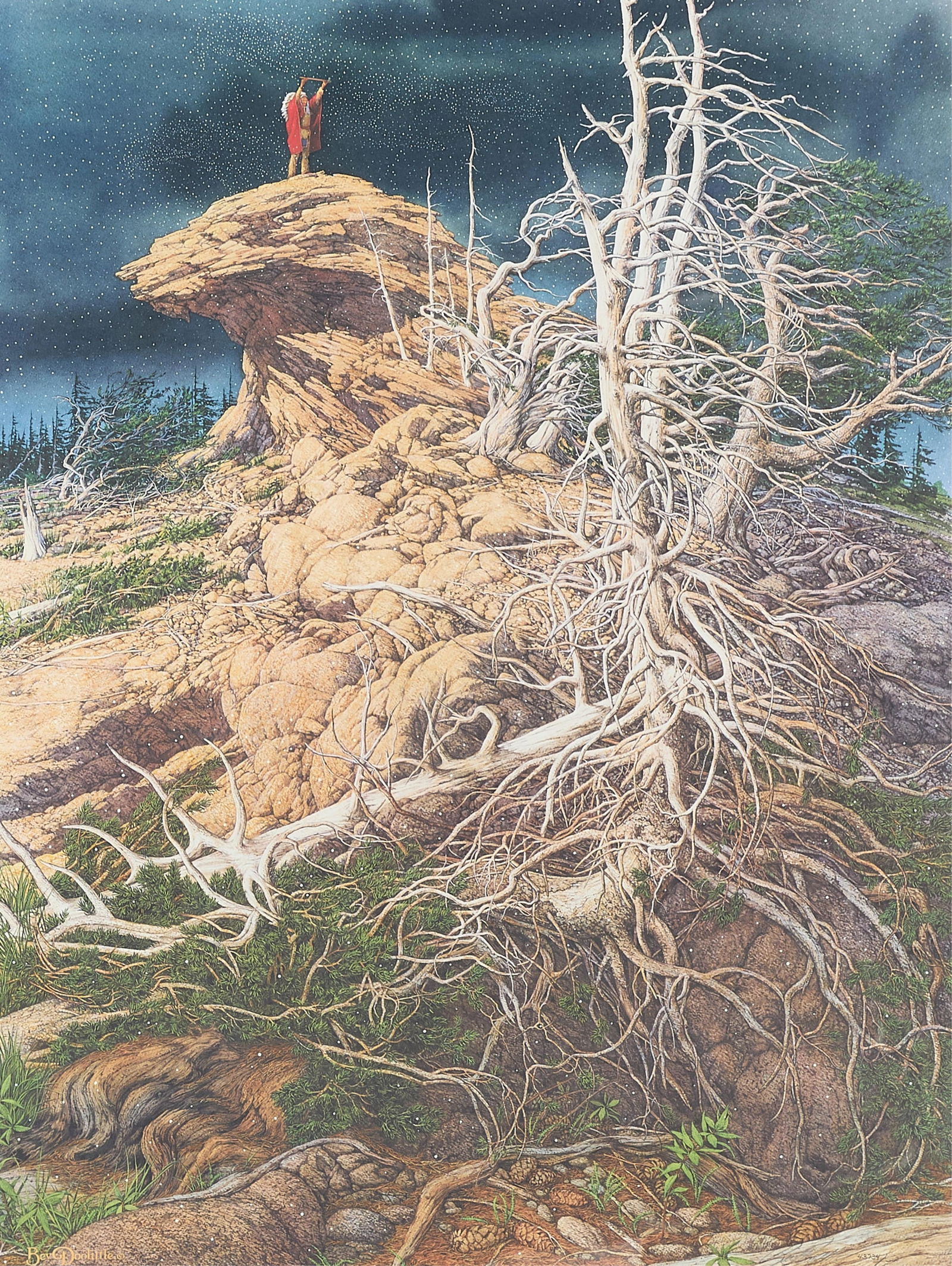 Bev Doolittle "Prayer for the Wild Things" Print: Bev Doolittle (American, b. 1947). Color offset lithograph on paper titled "Prayer for the Wild Things," 1993. Pencil signed and numbered 43734/65000 along the lower right.Sight; height: 27 3/4 in x w