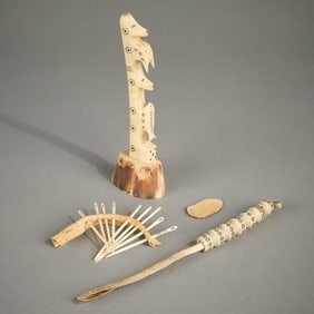 Group Misc. Inuit Sewing Tools & Totem Pole