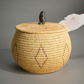 Yupik Lyme Grass & Hide Basket w/ Shaman Finial