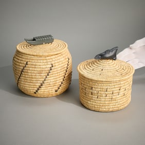 2 Inuit Lyme Grass Woven Baskets w/ Stone Finials