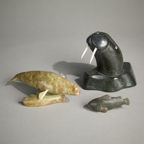 3 Inuit Soapstone Walrus & Marine Life Carvings