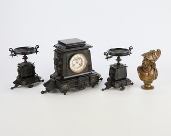 French Marble Garniture Set & Ormolu Bronze Bust
