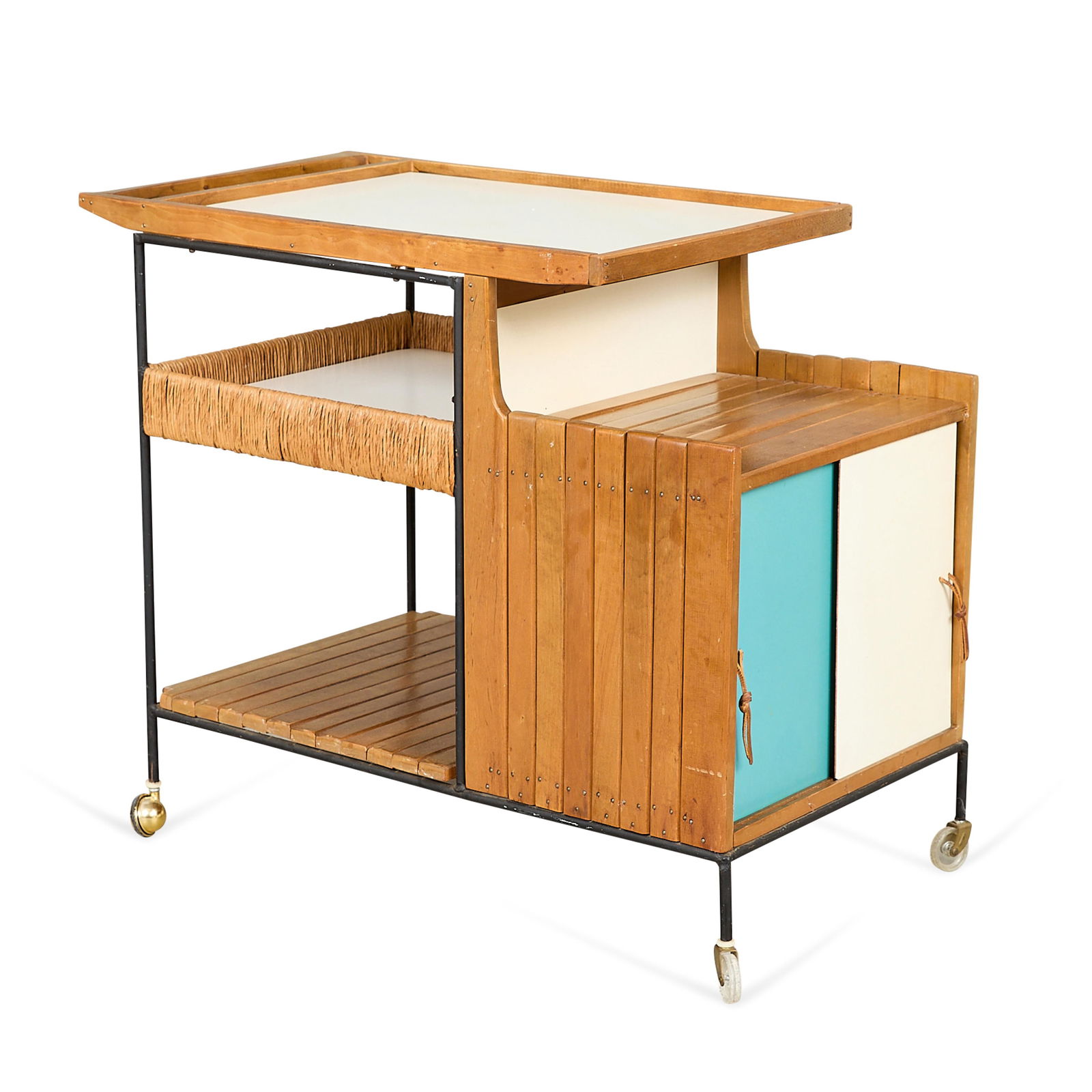 Arthur Umanoff for Raymor MCM Serving Bar Cart: Style of Arthur Umanoff for Raymor, United States. Mid-century modern three-tiered rolling bar cart composed of a wrought iron frame, jute woven shelf, and reversible white, brown, and blue lacquered