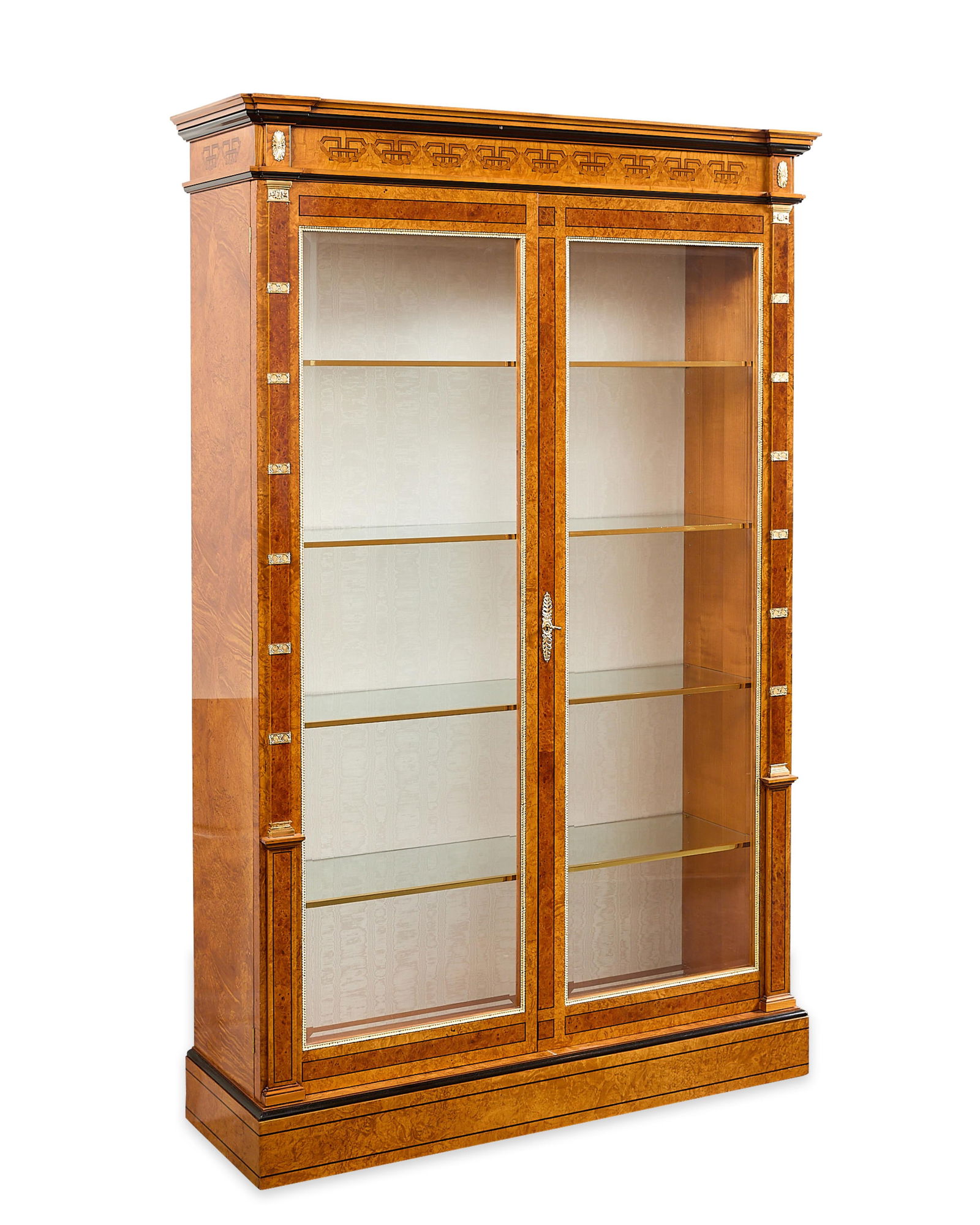 Antique Colombo Mobili Wood & Glass Cabinet: Colombo Mobili, Italy. Antique Empire style wood and glass cabinet. With modern integrated lighting along the interior. Decorated with intricate brass fastenings, detailed marquetry, and glass shelvin