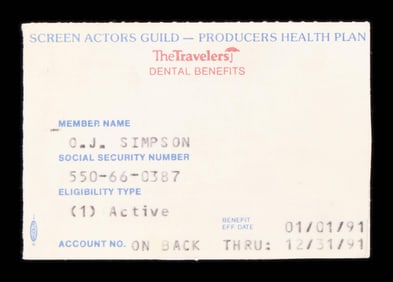 O.J. Simpson Screen Actor's Guild Dental Card