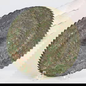 Chinese Han Dynasty Bronze Mirror: Chinese bronze mirror with verdigris patina throughout, Han Dynasty, ca. 206 BCE-220 CE. With several characters along the circumference of the center.Diameter: 5 1/2 in.