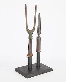 2 Rare Chinese Weapons: Iron Fork & Spearhead: Group of two rare and important Chinese weapons including a two-pronged fork spear (bident) with bronze over iron ferrule and a spearhead, Ming dynasty or earlier.The fork spear was published in the f