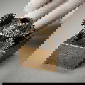 Chinese Ming Gilt Bronze Mythical Turtle Water Pot: Chinese Ming dynasty gilt bronze tortoise dragon (Longgui) water pot or scholar's object in the form of a bronze seal, possibly of the Yongle period, ca. 1402-1424.For similar examples, see: "Gilded C