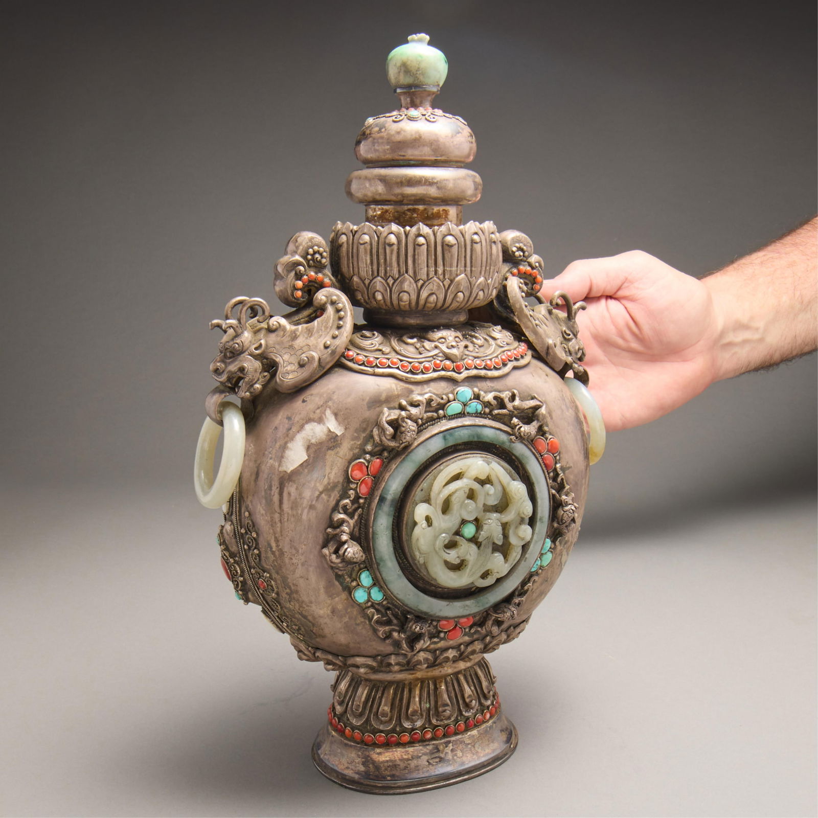 19th c. Chinese Inlaid Silver & Jade Vase (1 of 9)