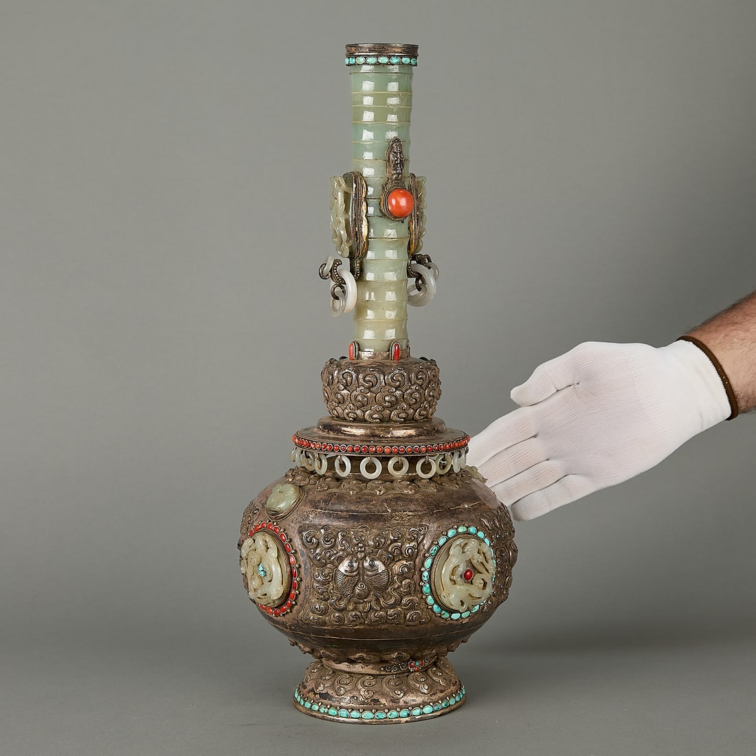 19th c. Chinese Inlaid Silver & Jade Vase (1 of 6)