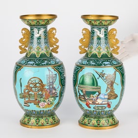 2 Lrg 20th c. Chinese Cloisonne Astrological Vases