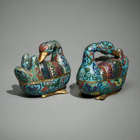 Pr 19th c. Chinese Cloisonne Duck Trinket Boxes