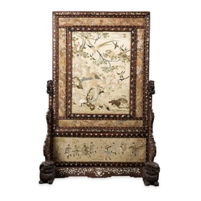 19th c. Chinese Inlaid & Embroidered Silk Screen