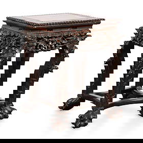 Chinese Export Square Wooden & Marble Plant Stand: Antique Chinese export square wooden plant stand. With inlaid marble surface and intricate pierced skirt.Height: 17 1/2 in x width: 12 1/4 in x depth: 12 1/4 in.