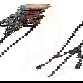 Chinese Export PRC Octagonal Wood Plant Stand: Chinese export carved wooden pedestal plant stand or side table of octagonal form. With elaborate Republic period-style pierced skirt, four cabriole feet, and pink marble insert.Height: 36 in x diamet