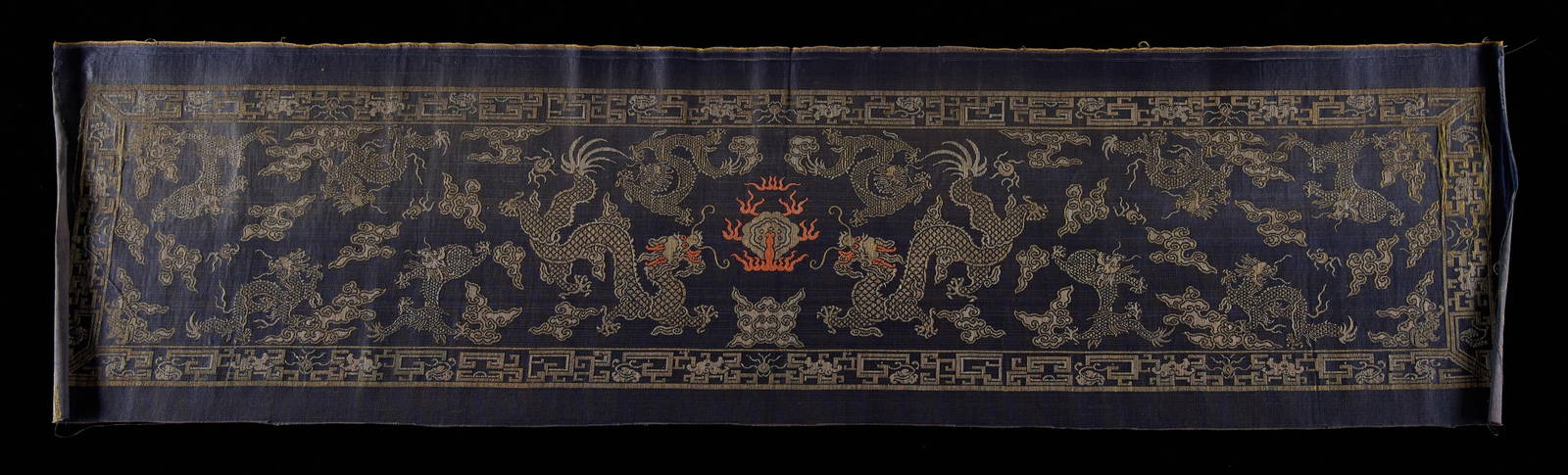 Chinese Qing Embroidered Blue Silk Brocade Panel