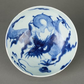 Chinese Qing Blue & White Porcelain Dragon Bowl