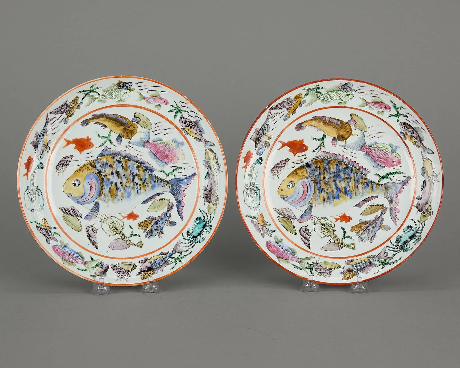 Pr Chinese Export Canton Rose Grant Fish Plates