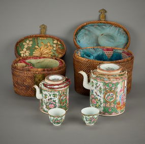 2 Chinese Famille Rose Mandarin Picnic Tea Sets