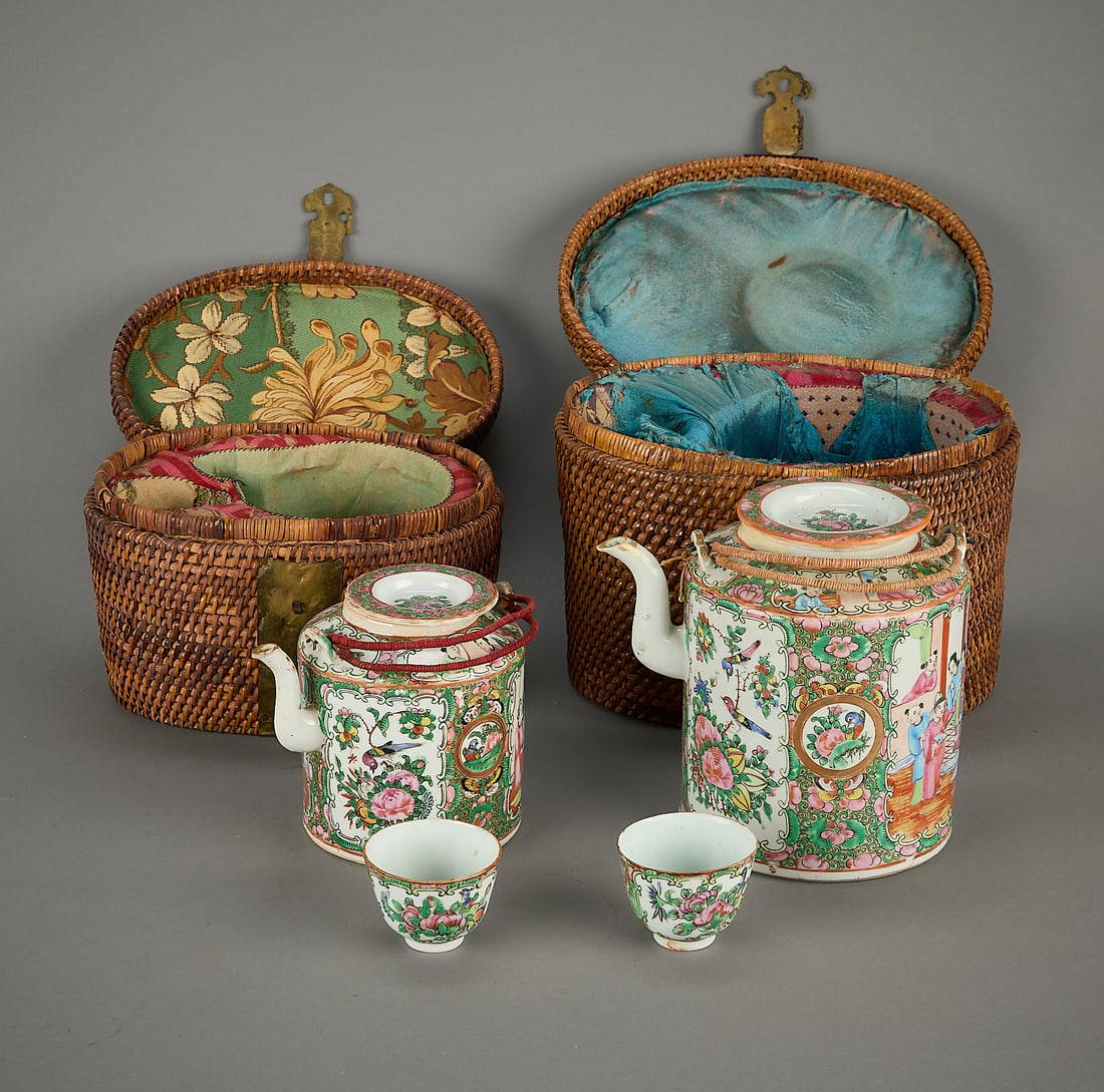 2 Chinese Famille Rose Mandarin Picnic Tea Sets